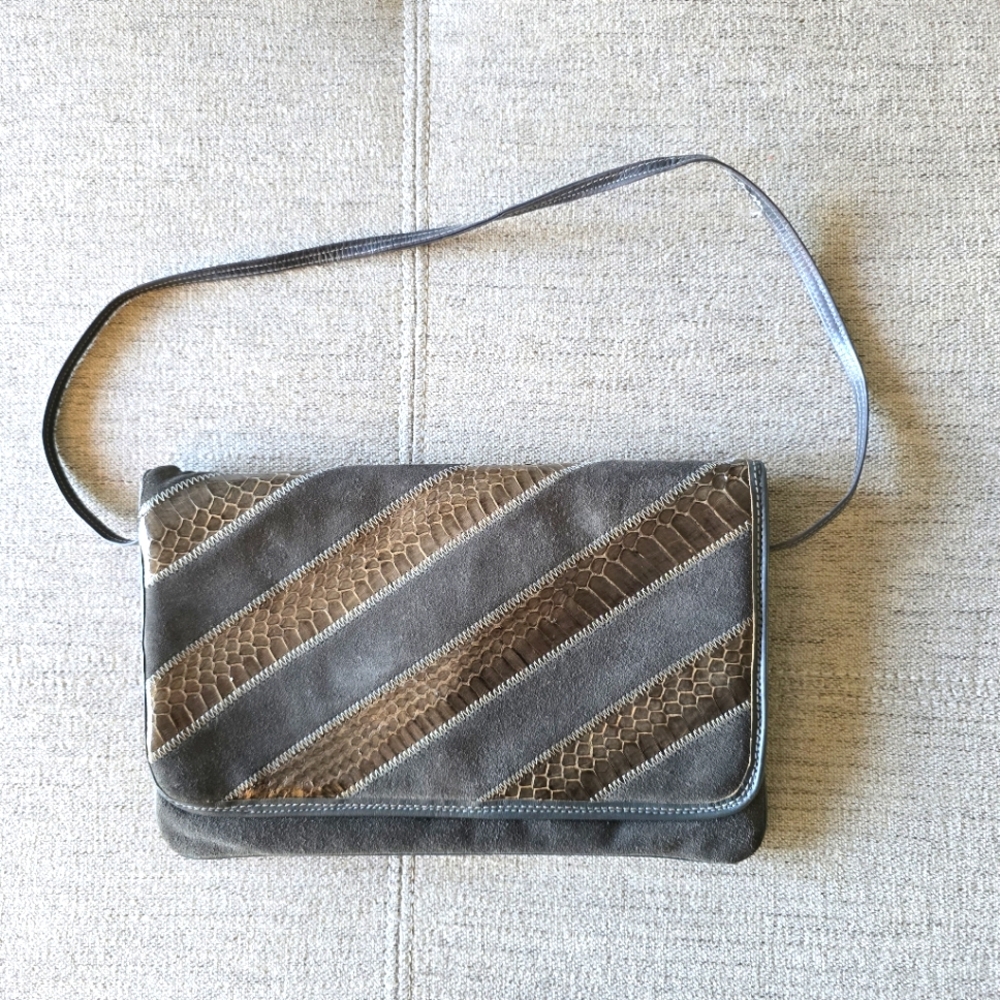 Pallizia Vintage Gray Suede and Brown Whipsnake Leather Crossbody/Shoulder Bag